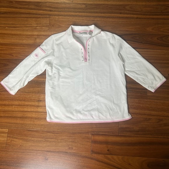 Drapers & Damons Embellished Half Zip Pullover Top White Pink Accents PS‎ - Picture 1 of 9